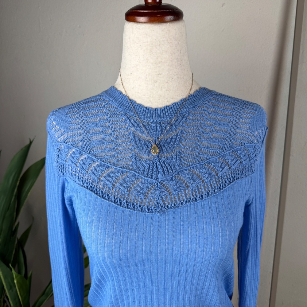 Dainty Coquette Floral Feminine Free People Ribbed Knit Top XS Blue Lace  Yoke - Picture 2 of 7